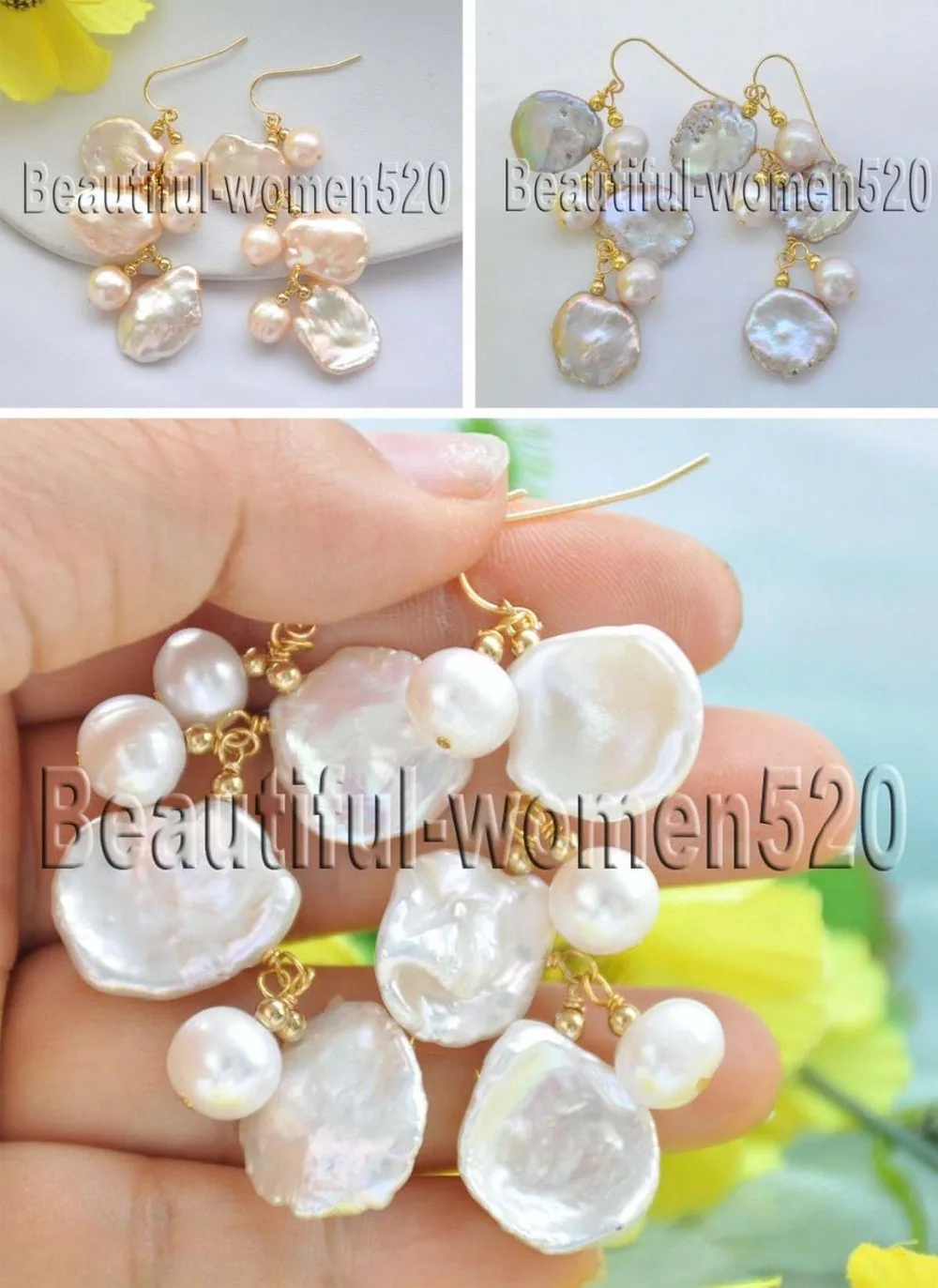 

X0417 16mm round freshwater & lamina keshi pearl dangle earrings