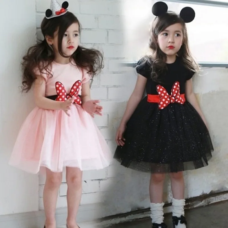 

Girl Dress Summer 2-6 Years Big Bow Belt Mini Dress Vestidos Pink Black Color Party Kids Dress O-Neck Birthdays Clothing