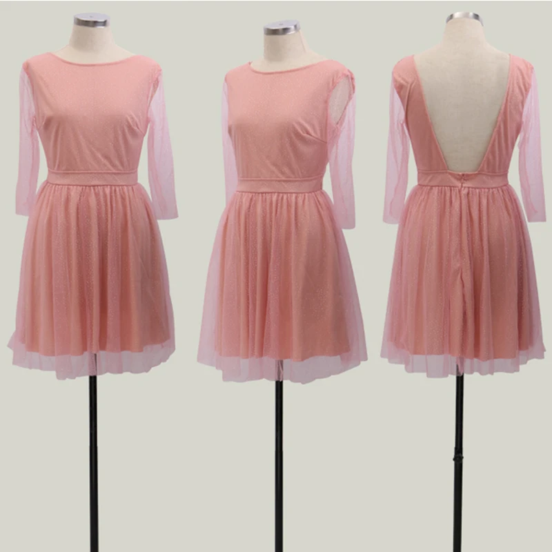 Women's Dress Elegant Long Sleeve Dresses Princess Sweet Pink Solid Fashion Round Neck Hot New Dress