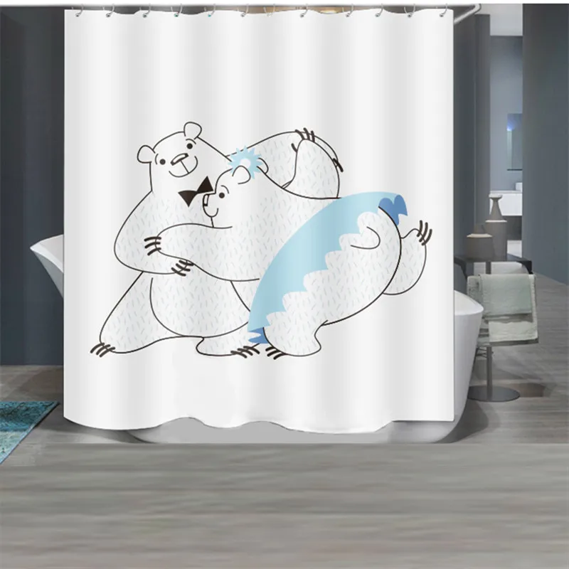 

High Quality Bear Bathroom Shower Curtain Polyester Waterproof Quick Dry Cartoon Printing Shower Curtain With 12pcs Hook