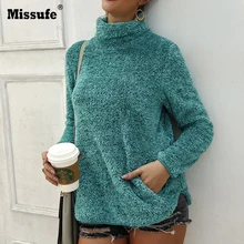 Missufe Turtle Neck Plush Hoodies For Women Pockets Autumn Sweatshirts Casual Slim Long Sleeve Winter Hoodie Moleton Feminina