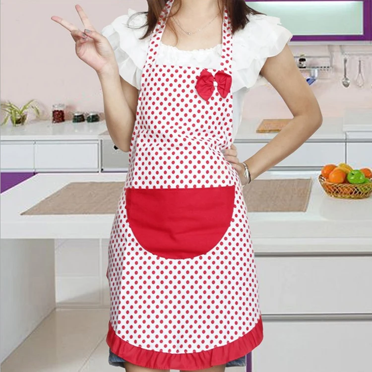 Cute Bow Knot Red Black Dot Women Kitchen Restaurant Bib Cooking Aprons