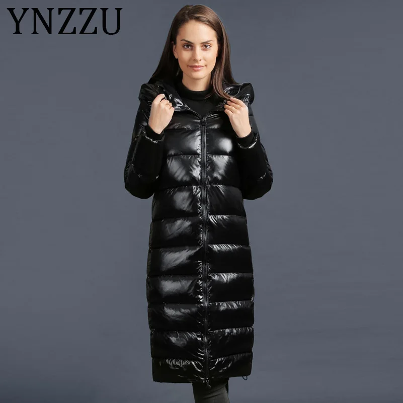 

YNZZU 2019 New Classic Winter Jacket Women Solid Black Glossy Long White Duck Down Coat Women Hooded Warm Female Outwears A1073