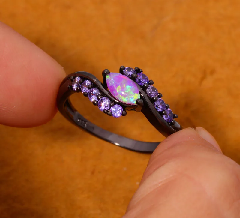 CiNily Created Pink Fire Opal Purple Zircon Black Gold Color Wholesale for Women Fashion Jewelry Ring Size 6 7 8 OJ8131