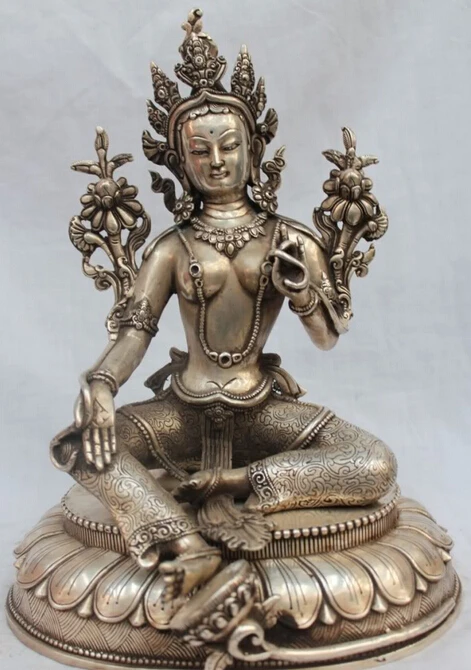 

Free Shipping JP S61 11" Tibetan Buddhism Monastery Temple Silver Green Tara Goddess Buddha Statue