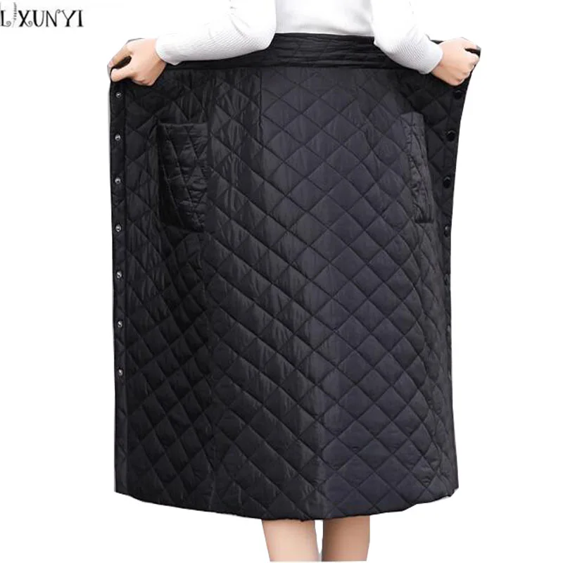 Prezzo LXUNYI Giù Gonna di Cotone di Inverno Delle Donne Plus Size Button Pocket Slim Wrap Gonna Lunga Spessore Caldo A Vita Alta Donna Gonne elegante