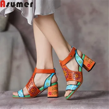 

ASUMER 2020 new genuine leather shoes square high heels shoes buckle mixed colors elegant prom wedding shoes women sandals