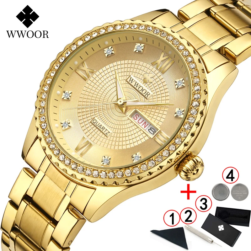

Men Watches Top Brand Luxury 2019 WWOOR Diamond Gold Men's Watches Waterproof Golden Stainless Steel Male Wristwatch Man 2019