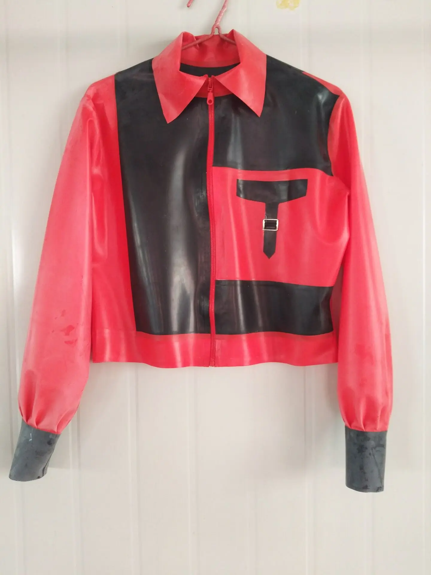 

Latex Rubber Long Slevees Unisex Red and Black Top Coat With Zipper Size S-XXL