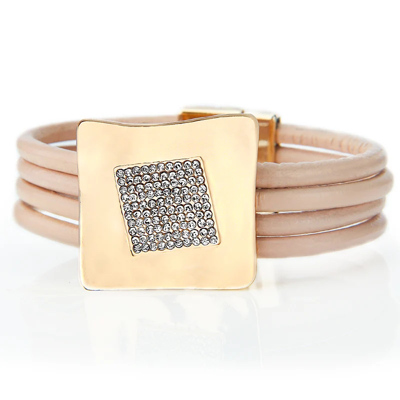 ZG Многослойные браслеты с драгоценным камнем для женщин, хит, подарок, магнитная пряжка, кожаные стразы, браслеты - Окраска металла: kahki
