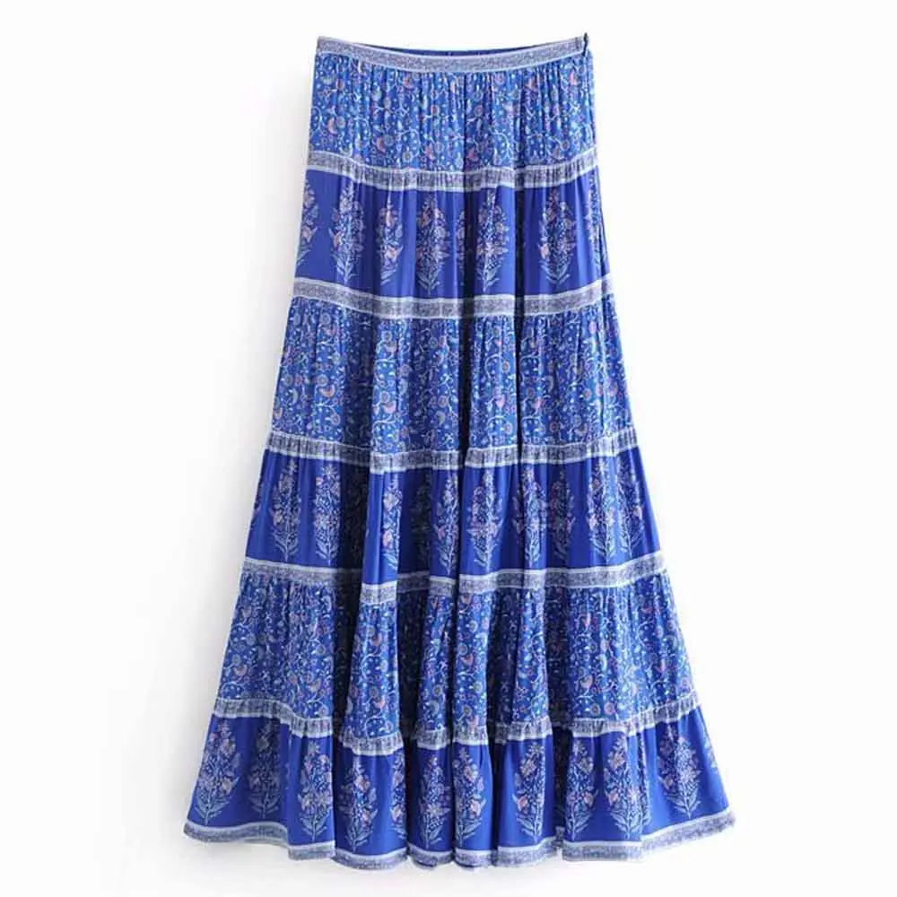 FIRSTTO Vintage Bohemia Blue Floral Print Holiday Boho A Line Skirts