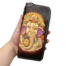 Hand-carved Elephant God Wallets Bag Purses Women Men Long Clutch Vegetable Tanned Leather The Most Special New Year Gift handmade genuine leather wave wallets carving auspicious clouds bag purses women men long clutch vegetable tanned leather wallet