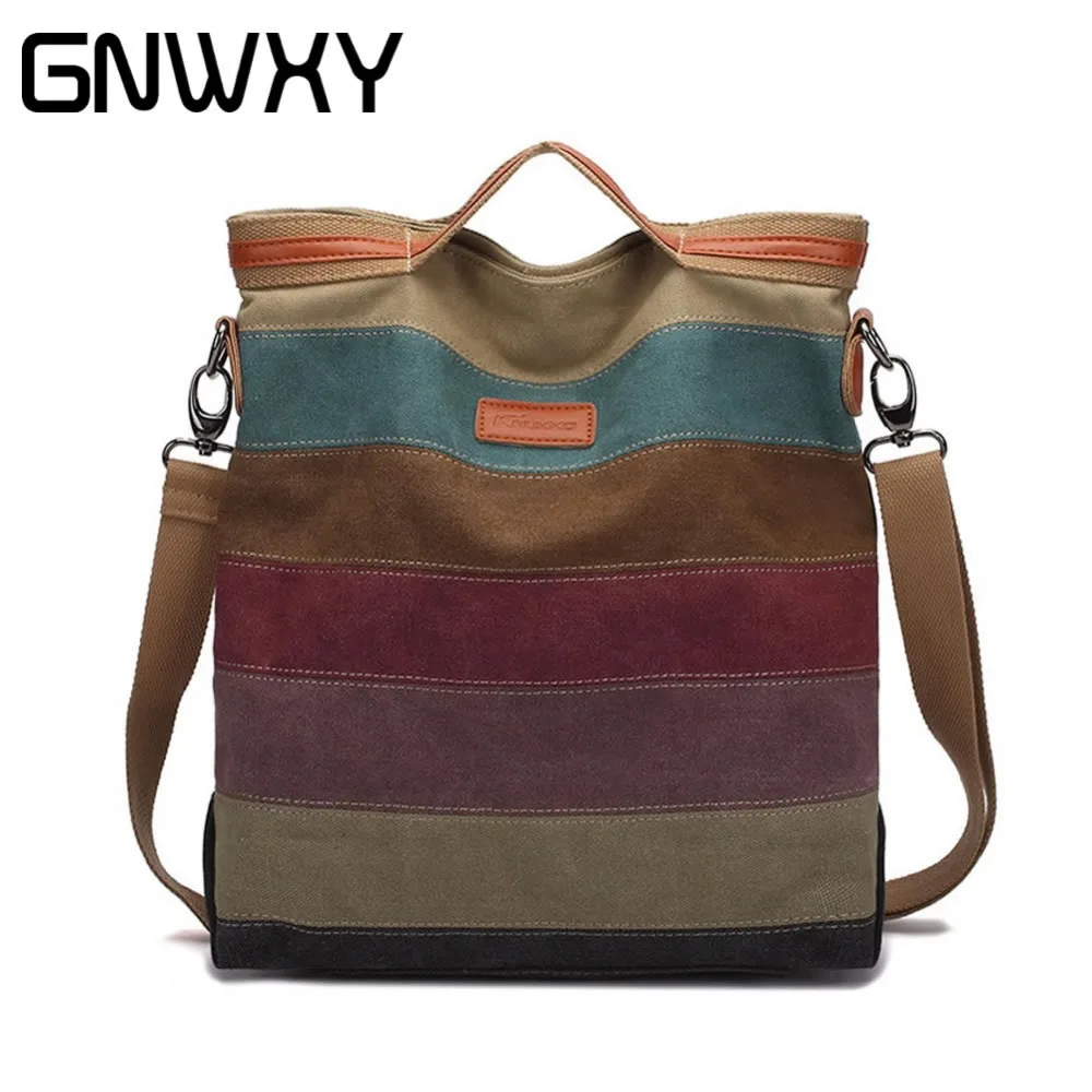 Female Canvas Striped Handbags Large School Messenger Bag Casual Women Shoulder Bag With ...