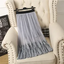 Новая летняя Осенняя Женская сетчатая юбка винтажная Цветочная кружевная юбка женская элегантная Высокая талия плиссированная длинная Тюлевая юбка средней длины Saia SF1046