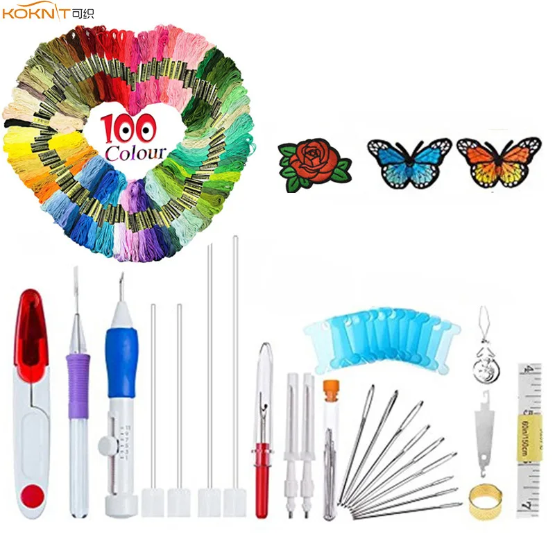 

KOKNIT Magic Embroidery Punch Pen Needles Set DIY Craft 100pcs Thread Scissors Needles Sewing Accessories Set With Case For Mom