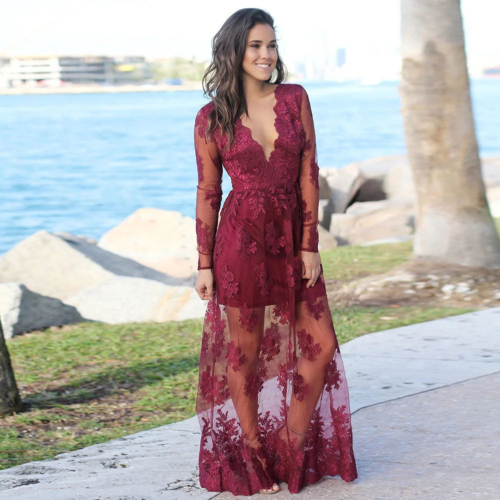 

Pure Color Streetwear V Neck Woman Dress 2019 Spring Summer Long Sleeve Hollow Out Boho Maxi Dresses Empire Lace Zipper Vestido