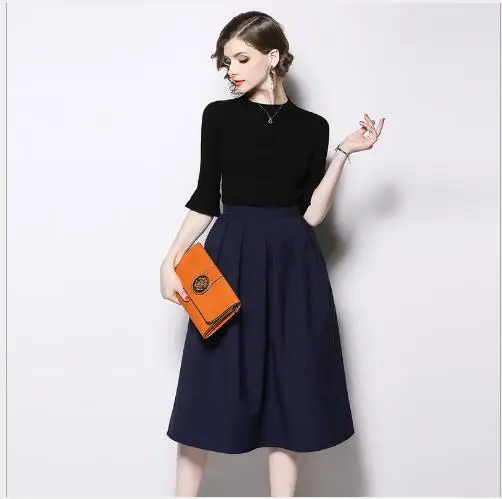À White Ceinture Dame Nouveau 2 Outwear ligne Ensemble black Solide Manches Jupe Slim A Fit Fusée Femmes Casual cou 2019 Chandail Mode O Costume Pièces Printemps FqWSUw