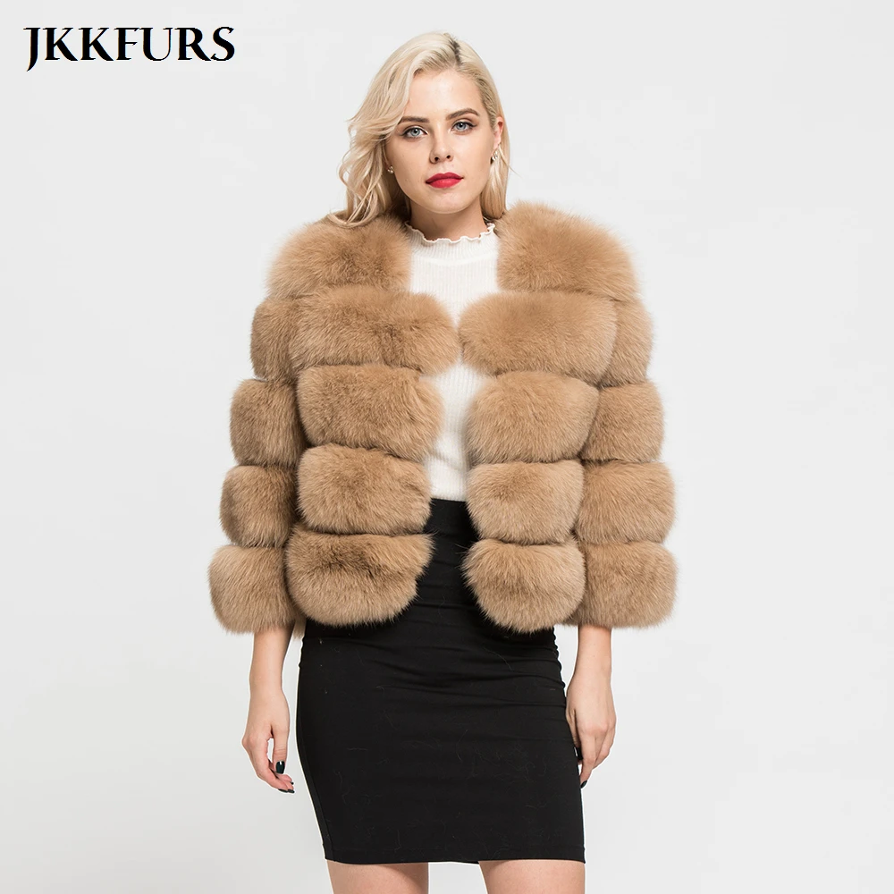 JKKFURS Женское пальто из натурального Лисьего меха с карманами зимняя теплая