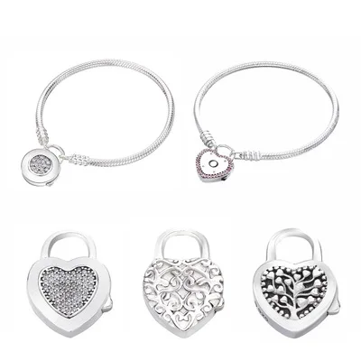 

Spring 925 Sterling Silver Original Moments Smooth Signature Padlock Heart Bracelet Fit Bangle Charm DIY Jewelry