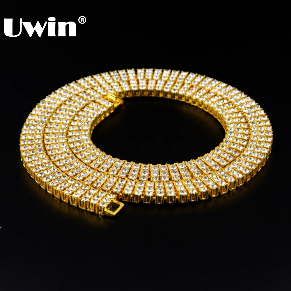 Gold Color Men Necklace 3Row Rhinestone Simulated Rhinestones Iced Out Hip Hop Necklace Chain