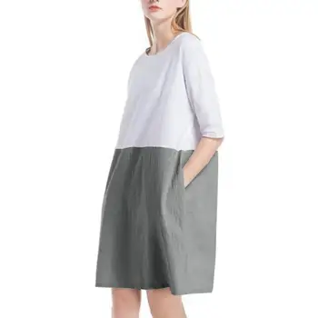 

Fashion Women Casual Sundress Color Block 3/4 Sleeve plus Size Loose Cotton Linen Lady Summer Beach Midi Dress Vestido de festa