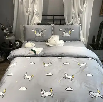 

4pcs Cotton Unicorn Embroidered Bedding Set Duvet Cover Flat Sheet Pillowcases Home Textile Collection Princess Feel