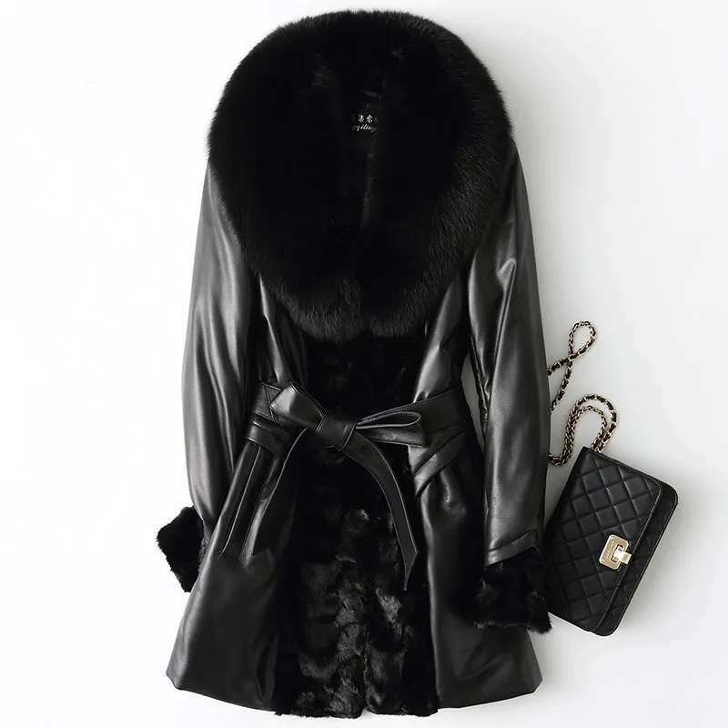 

Natural sheepskin leather jacket women's real fox fur collar fashion leather coat woman outerwear with real mink fur trim