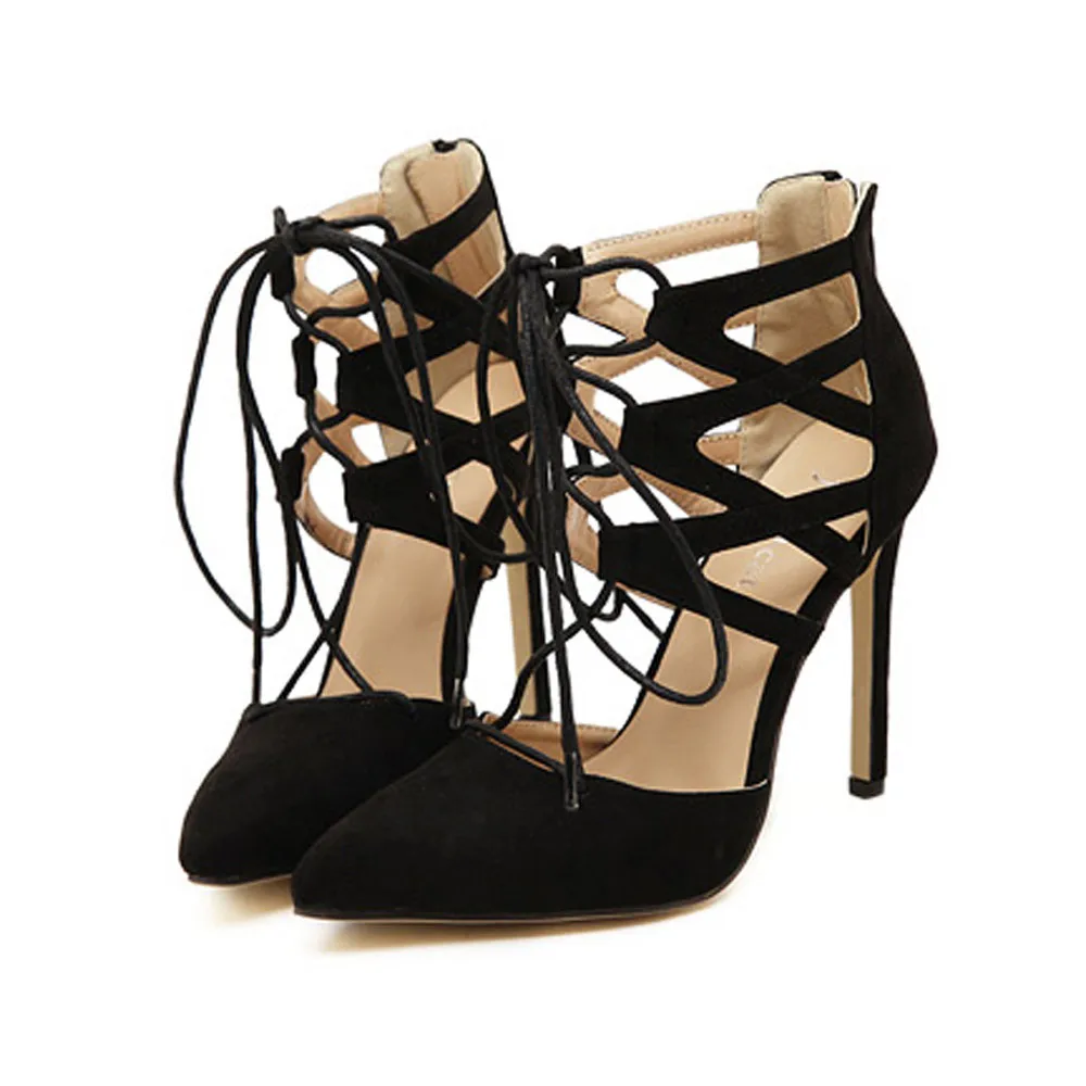 

Jaycosin shoes Women Pointed Toe High Block Heels Ankle Strappy Ladies Lace-UP Sandals Party Sandals SIngle Shoe