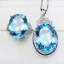Украшения с топазом Набор настоящий природный Голубой топаз 925 серебро 1 шт. 13ct кольцо, 1 шт. 17ct кулон# J18122605