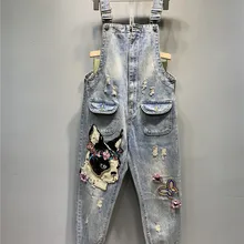 Европейская станция Весна бисером отверстие джинсы венок блесток щенок бабочка джинсовый комбинезон джинсы