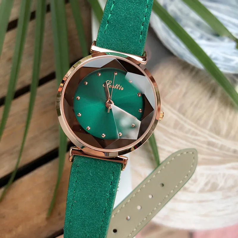 Роскошные Очаровательные женские часы с кристаллами, качественные замшевые часы с кожаным ремешком, женские наручные часы с бриллиантовым режущим циферблатом, Relogio Feminino - Цвет: green