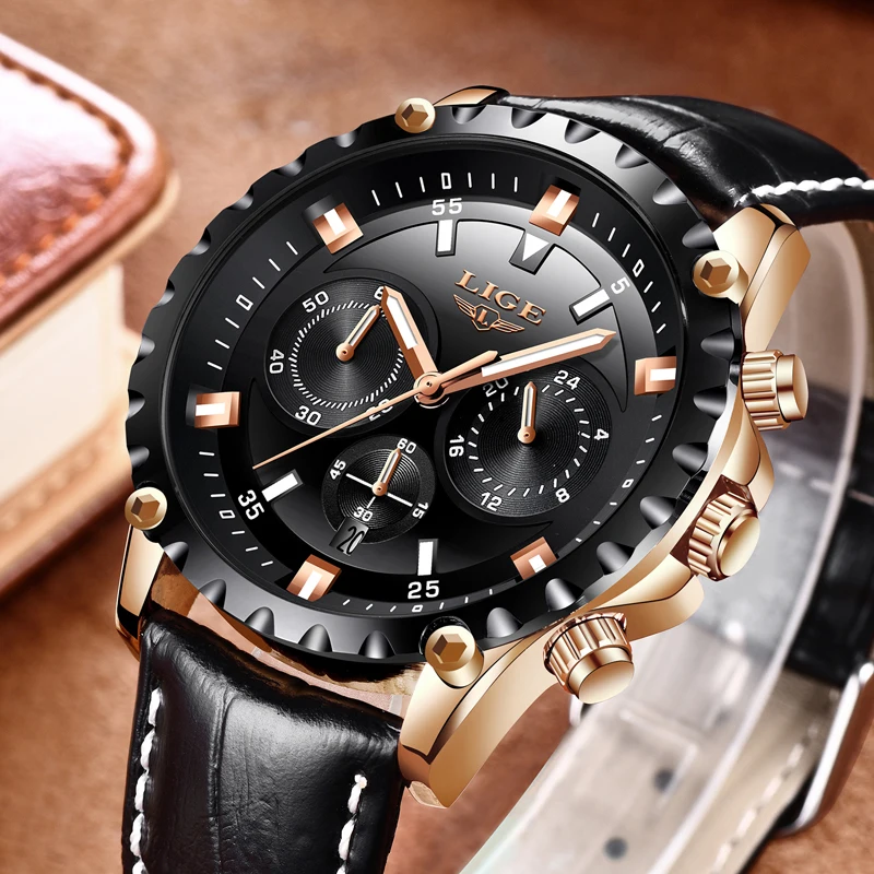 LIGE Top Luxury Men's Quartz Watch Leather Men Watches Dress Business Fashion Casual Sport Rose Gold Black Waterproof Male Clock