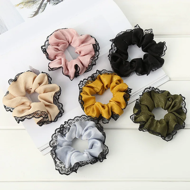 Women Preppy Style Vintage Lace Large Intestine Hair Rope Solid Color Ponytail Holder Scrunchies Hair Ring Headwear For Female