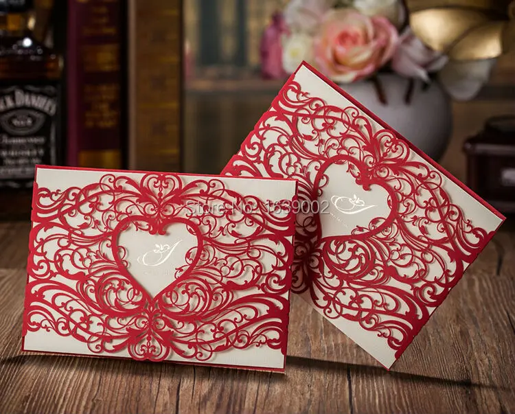 100 Pcs Free Shipping 5017 Heart Shaped Red Laser Cut Wedding