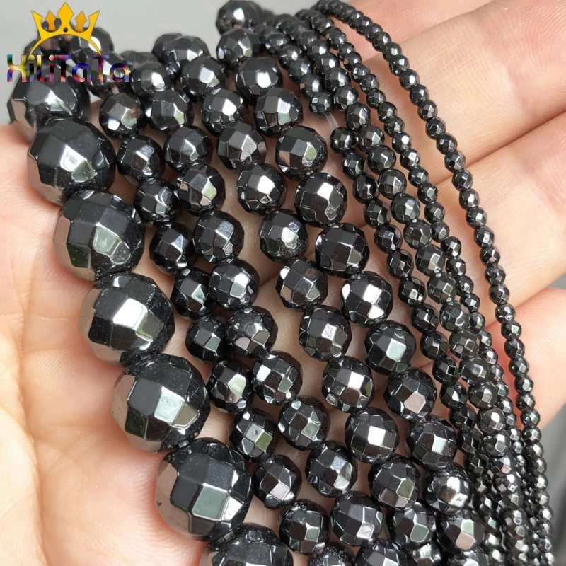Natural Faceted Black Hematite Stone Beads Loose Spacer Bead For