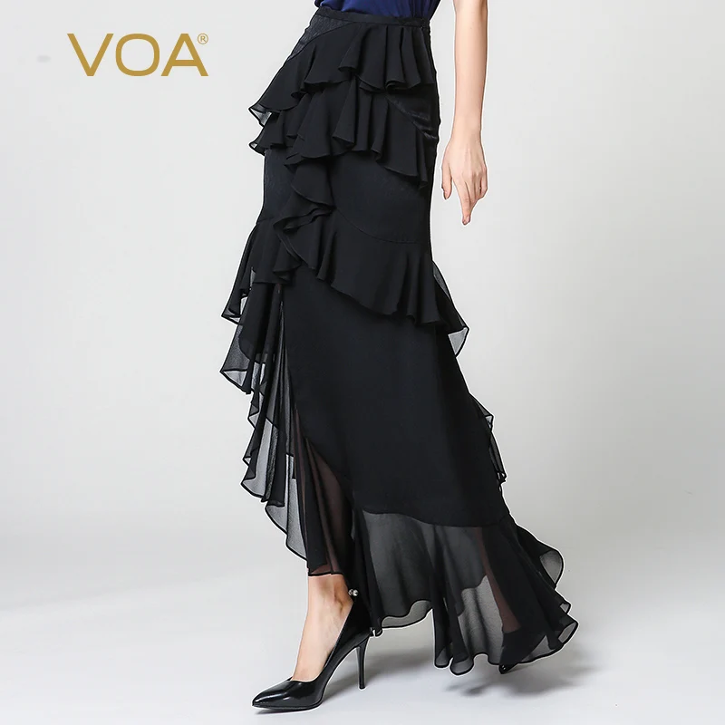 

VOA 2017 Autumn Solid Black Asymmetrical Double Ruffles Long Skirt Vintage Swallowtail Skirt Plus Size Silk Maxi Skirt C6319