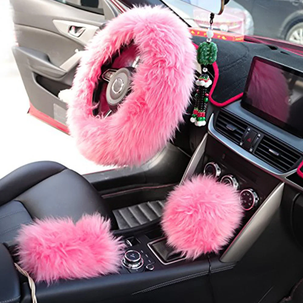 Fluffy Steering Wheel Cover Fur Steering Wheel Covers 38cm Pink Winter Warm Steering Wheel Covers Handbrake Cover Gear Shift Cover Non-Slip Anti-Shedding Car Interior Accessories for Women Men 3Pcs 