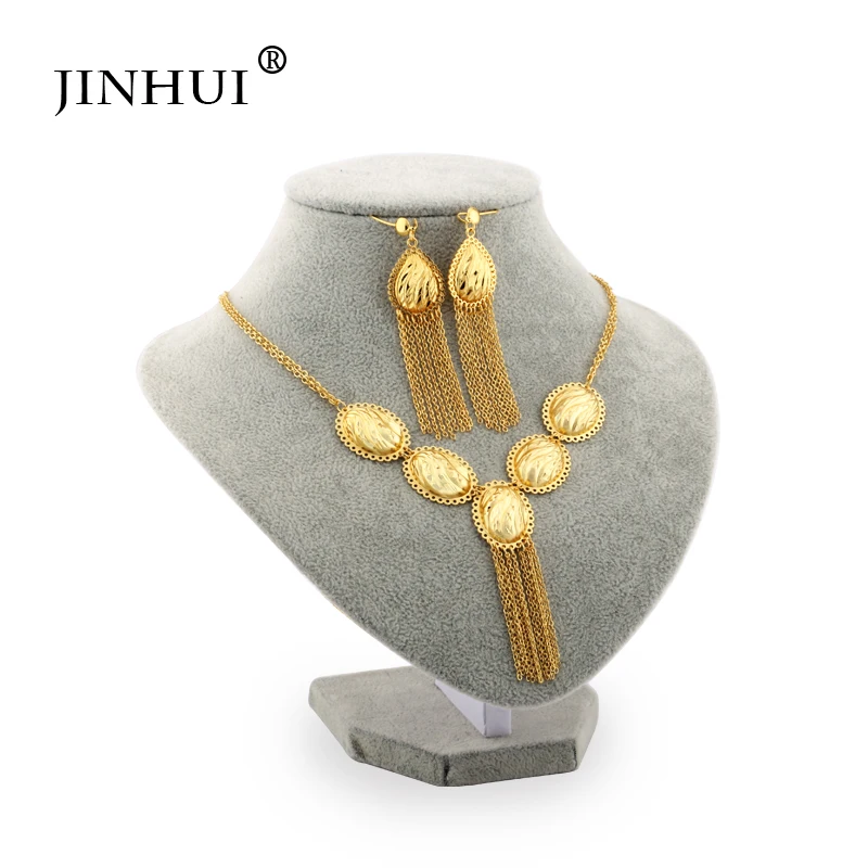 

Jin Hui African Fashion gold color jewelry sets women Anniversary gifts wedding Necklace and Earrings sets 60cm Pendant Gift