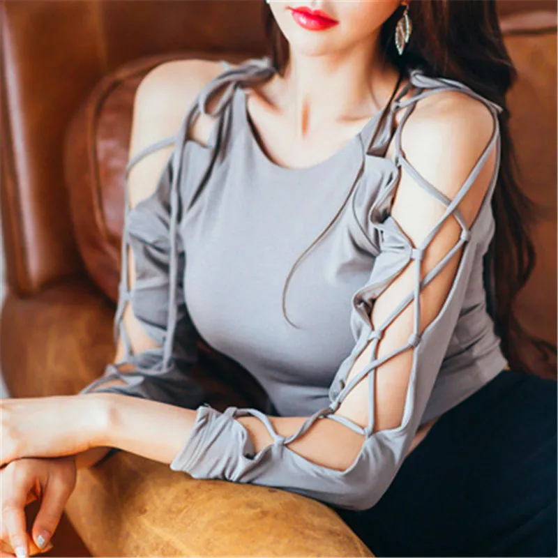 

Slim short straps long-sleeved T-shirt tight sexy high waist exposed navel women CJNSSYCS01148