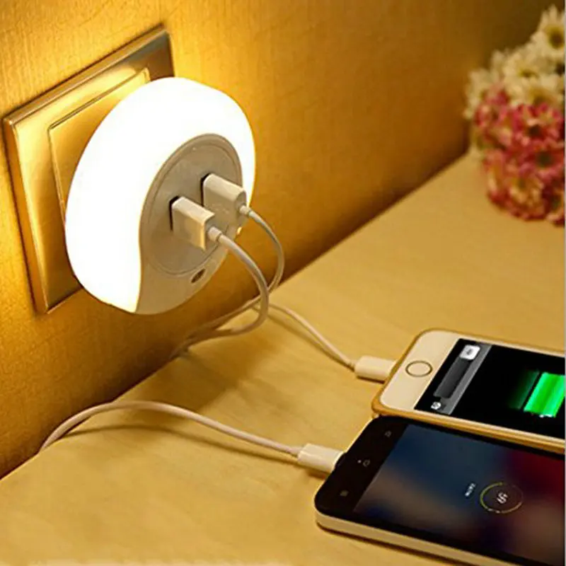 EU Plug LED Night Light Sensor 2 USB Charging Socket Mobile Phone