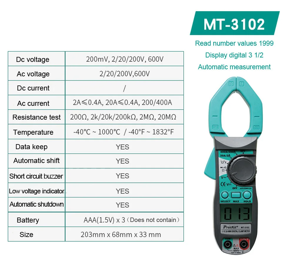 Интеллектуальный цифровой клещи Профессиональный электрик мультиметр резистор постоянного тока измерительный мультитестер MT-3102