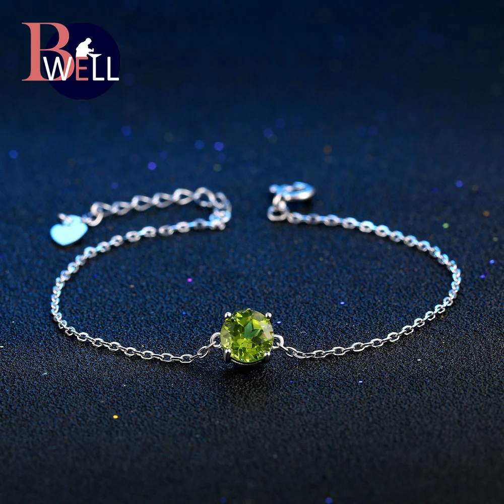 

Bwell BWHI039 Flat Natural Gemstone Peridot Bracelets & Bangles 925 Sterling-Silver-Jewelry White Gold Plated Chain For Women