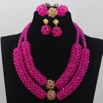 

Fushia Pink Crystal Handmade Jewelry Sets African/Nigerian Jewelry Beads Set 2 Rows Design Birthday Gift Free Shipping ANJ081