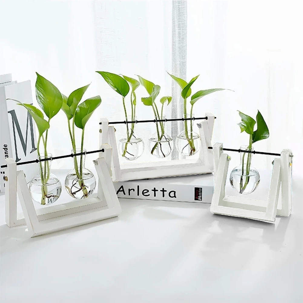 Настольная стеклянная ваза для растений с ретро твердой деревянной подставкой и металлическим поворотным держателем для гидропоники растения товары для домашнего сада