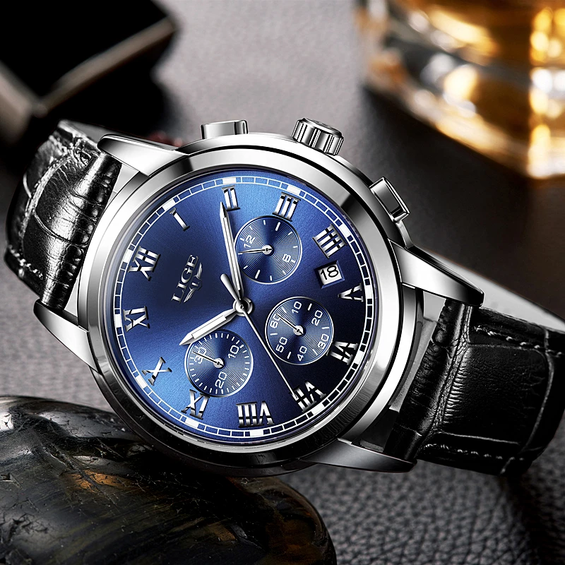 2017 LIGE Men sports Watches Male Fashion Business quartz-watch Men Leather Waterproof Clock Man Auto Date Multifunction Watches