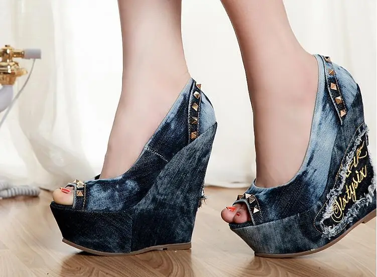 

New popular products high quality 2016 with wedge sandals washed denim rivet gougou cloth shoes size 35 to 40
