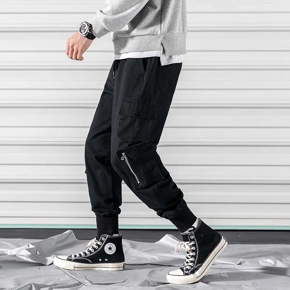 Solid Color Mens Pants Elastic Waist Multi-Pockets Harlan Hiphop Male Streetwear Cargo Trousers Comfortable Breathable