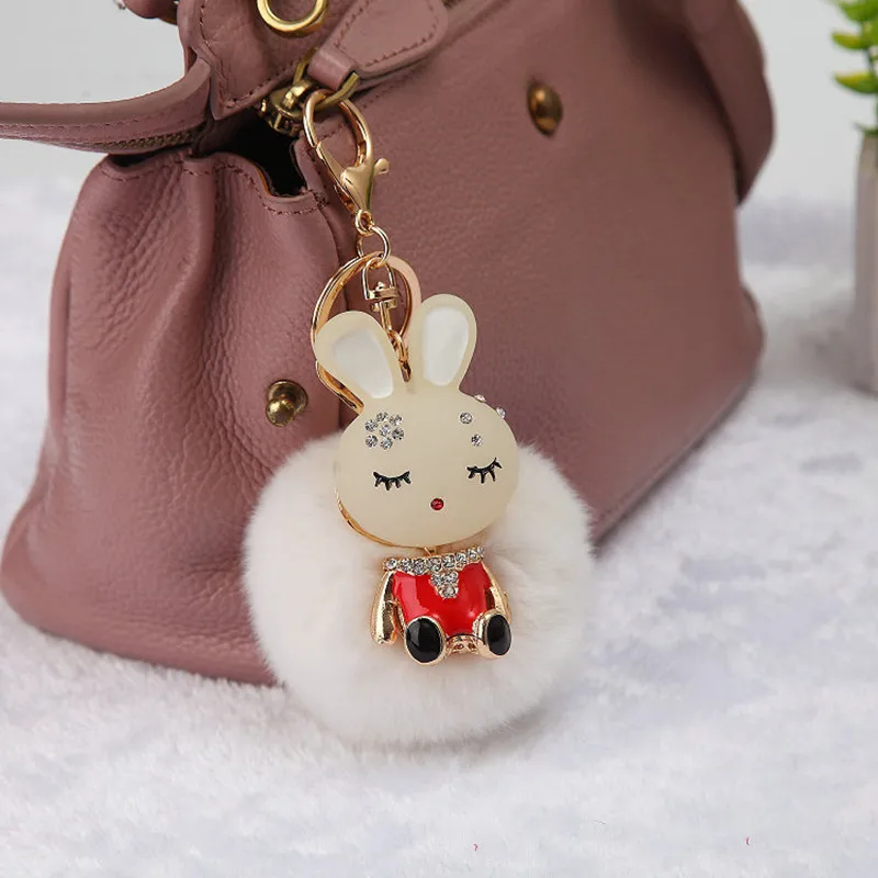 

2017 new trinket fake pompom keychain bunny keychains on bag rabbit fur Keychain fur pom pom charms for bags anime