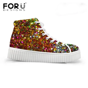 

FORUDESIGNS Fashion Sequin Printed Women High Top Shoes Ladies Casual Platform Shoes Breathable Lace-up Creepers Flats Shoes