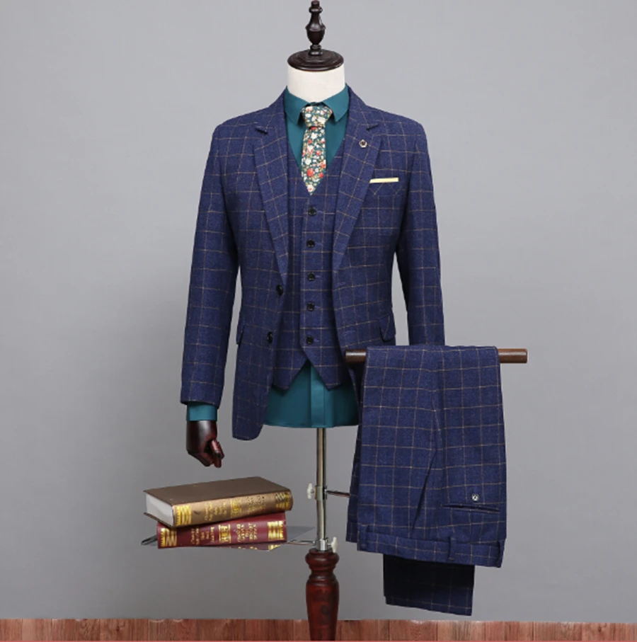 2016 New Blue Classic Tweed Custom Made Wool Men Suits Tuxedo Blazers 3